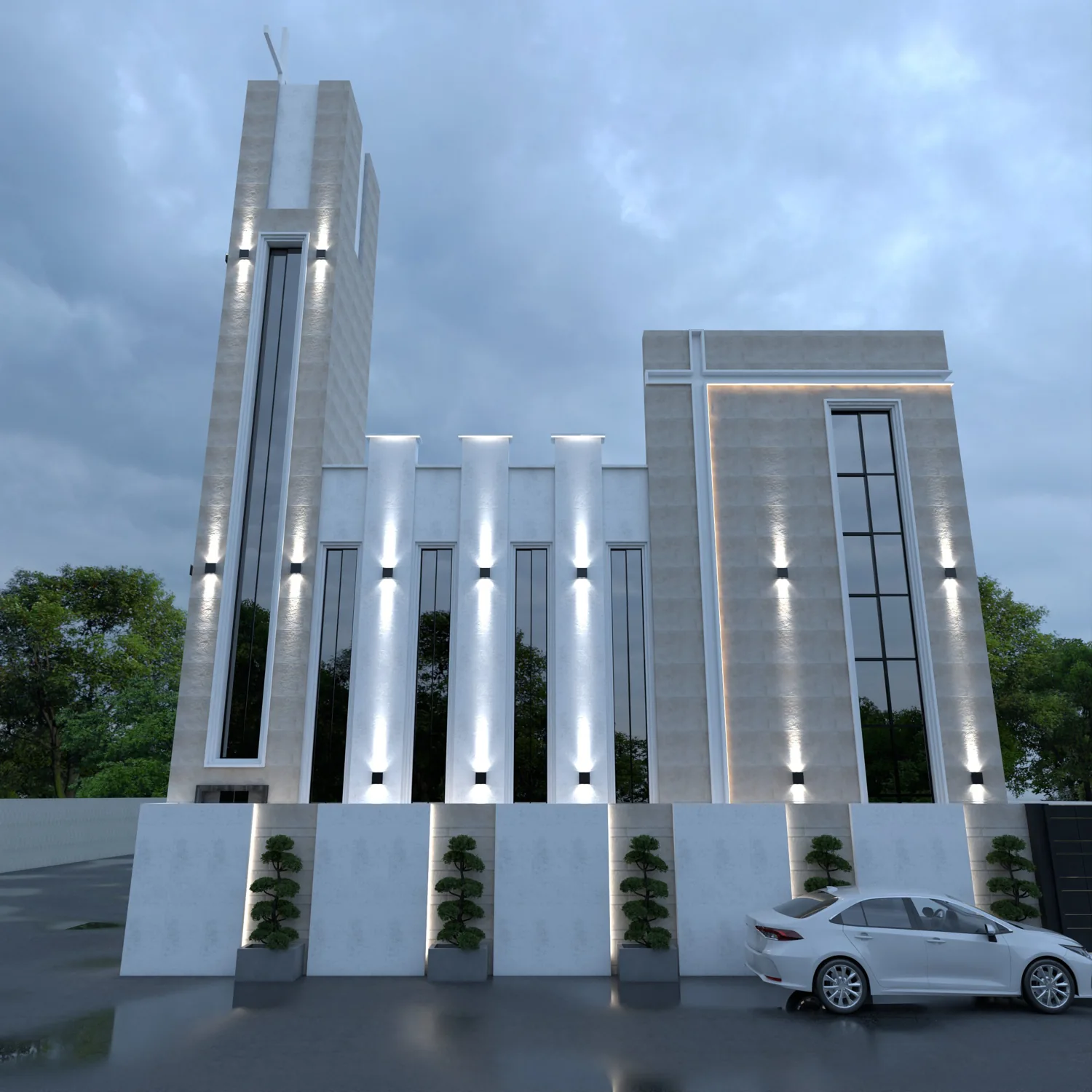 Architectural visualisation of the proposed new church, with a tall facade and cross